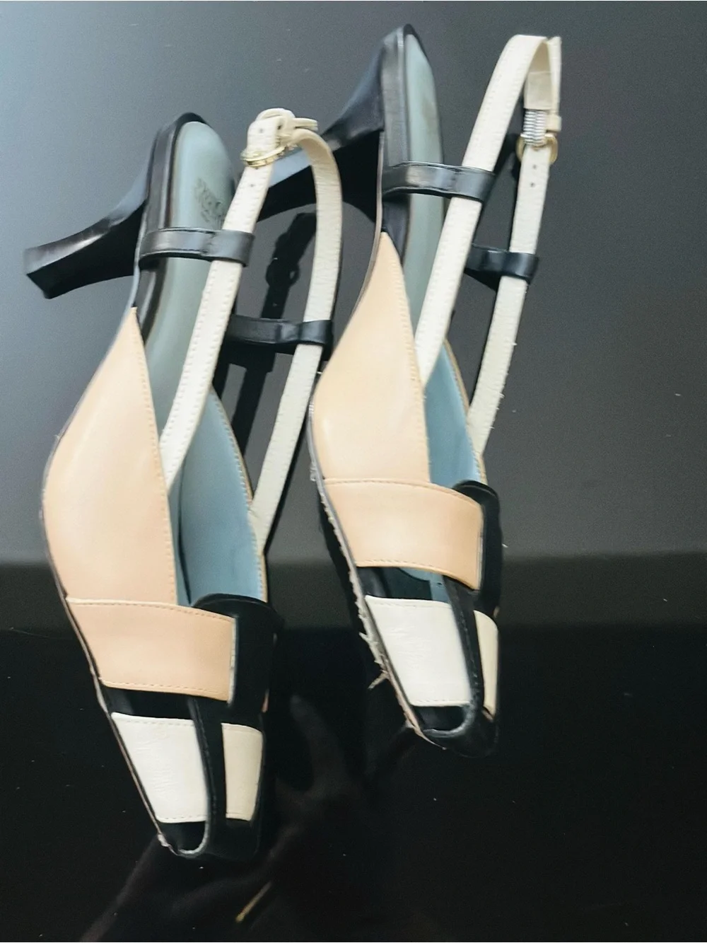 Frances Valentine Tri-Color Slingback Pumps in Beige, Black & White - Picture 5 of 8